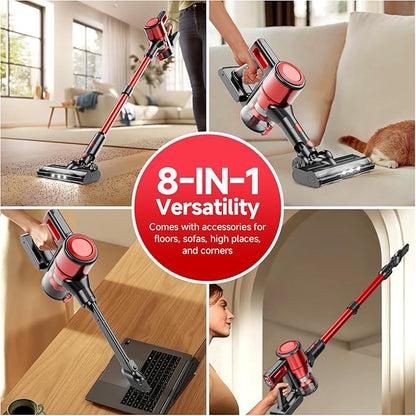 BSNAW Cordless Vacuum Cleaner for Home - Lightweight, Stick Vacuum Clean with Rechargeable Battery, Max 45Mins Runtime, 8 in 1 Handheld Vacuum for Hardfloor & Carpets Pet Hair, Red&Black