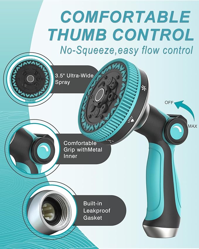 Garden Hose Nozzle, Heavy Duty Water Hose Sprayer Nozzle with 3.5" Ultra-Wide Spray, 8 Adjustable Modes - Ergonomic Thumb Control, Anti-Slip Grip for Watering, Cleaning, Pets, Car Washing