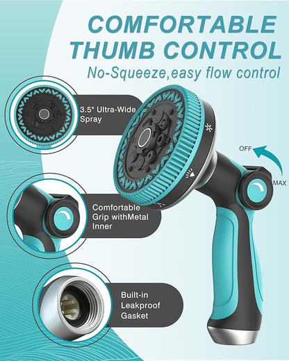 Garden Hose Nozzle, Heavy Duty Water Hose Sprayer Nozzle with 3.5" Ultra-Wide Spray, 8 Adjustable Modes - Ergonomic Thumb Control, Anti-Slip Grip for Watering, Cleaning, Pets, Car Washing