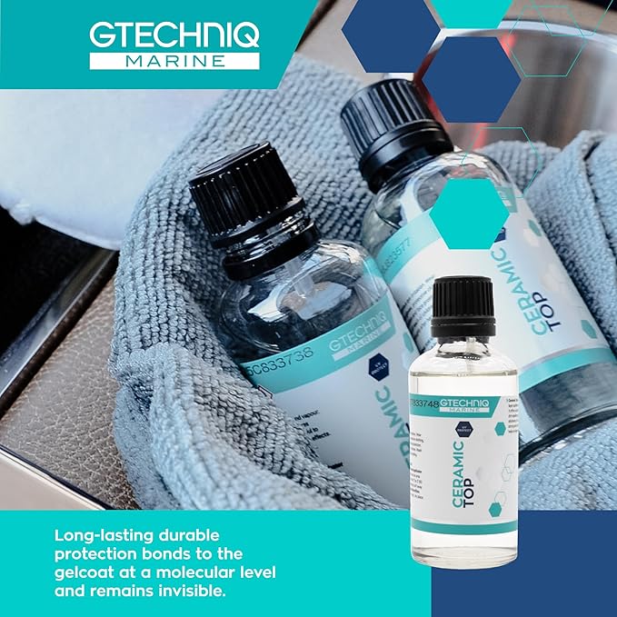Gtechniq Ceramic Top - Professional Marine Coating for Boats - High Gloss, Optically Clear Finish, UV Protection - Dirt & Water Repellent - Kit includes Applicator Pad & Gloves - 50ml