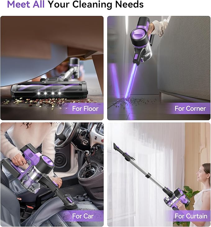 Yassol S10 Cordless Vacuum Cleaner, 55Kpa 60mins Lightweight Stick Vacuum with Powerful Suction for Home, Rechargeable, Self-Standing, Handheld Vacuum Cleaners for Hardwood Floors, Carpets, Purple