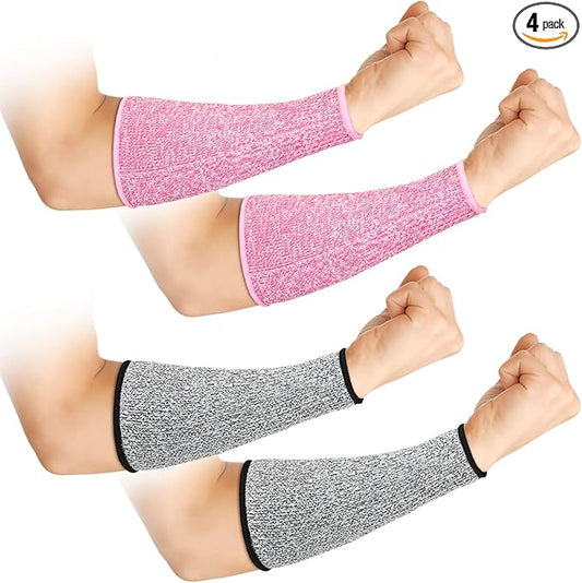 2 Pairs Cut Resistant Sleeve Arm Protection Level 5 Protection Safety Protective Sleeves Arm Protectors for Men Women(8.6 x 3.7 Inches,Gray, Pink)