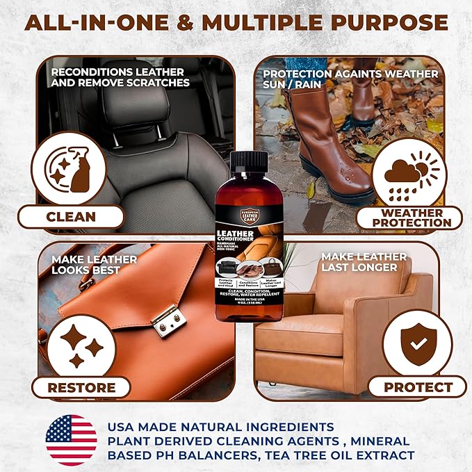 European Leather Care Leather 4 oz Conditioner for Leather Couch, Furniture, Shoe, Leather Jacket, Purse, Boot Cleaner, Leather Conditioner Car Leather Cleaner Leather Repair Restorer All Natural USA