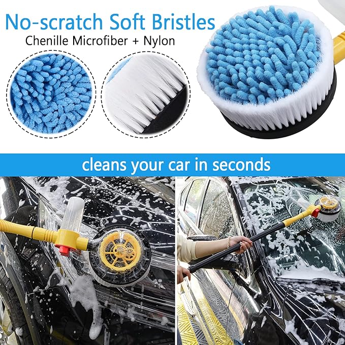 Rotating Car Wash Brush with Hose Attachment, Soft Chenille Microfiber Bristle Car Cleaning Brush Wash Mop Scrub Brush, Long Handle Car Washing Brush Kit with Soap Dispenser (Yellow)