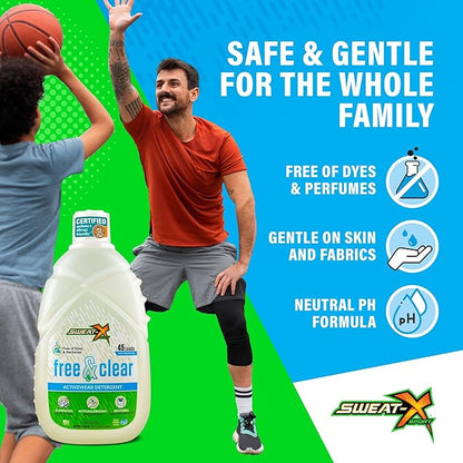 Sweat X Free & Clear Activewear Laundry Detergent – Certified Asthma & Allergy Friendly® – Hypoallergenic – Remove the Worst Odors & Toughest Stains – High-Performance Sports Wash – 45 Loads – 1 Pack