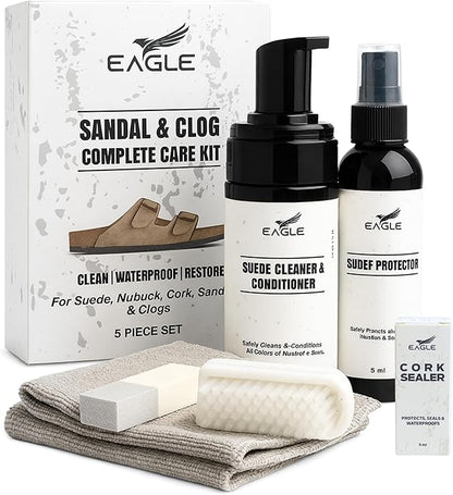 Eagle Sandal & Clog Care Kit – Compatible with Birkenstock – Suede Cleaner & Conditioner, Protector, Cork Renew, Brush, Eraser & Microfiber Cloth – 6-Piece Complete Shoe Cleaning Set