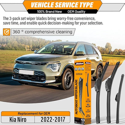 AUTOBOO 26"+16" Windshield Wipers with 12 Inch Rear Wiper Blade Replacement for Kia Niro 2017 2018 2019 2020 2021 2022 -Original Factory Quality (Pack of 3)