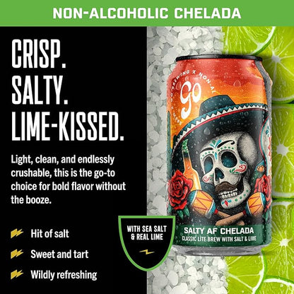 Go Brewing - Salty Lime AF Chelada Non Alcoholic Brew - Small Batch Brew w/Classic Ingredients - Low-Calorie,Low Gluten Craft NA Beer - Light,Crisp & Refreshing Lime Full Flavor Beer (12 Oz, 12 Cans)