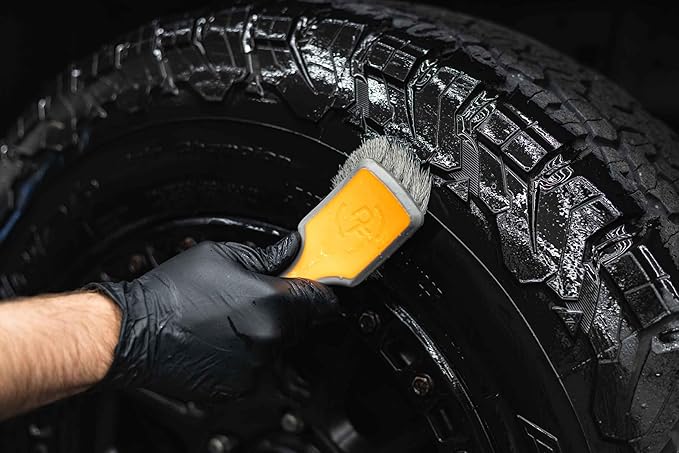 Detail Factory - ProGrip Tire Brush - Ergonomic ProGrip Handle, Stiff Synthetic Bristles, Ergonomic Design, Efficient Tire Brushes for Cleaning Tires - Black Ice