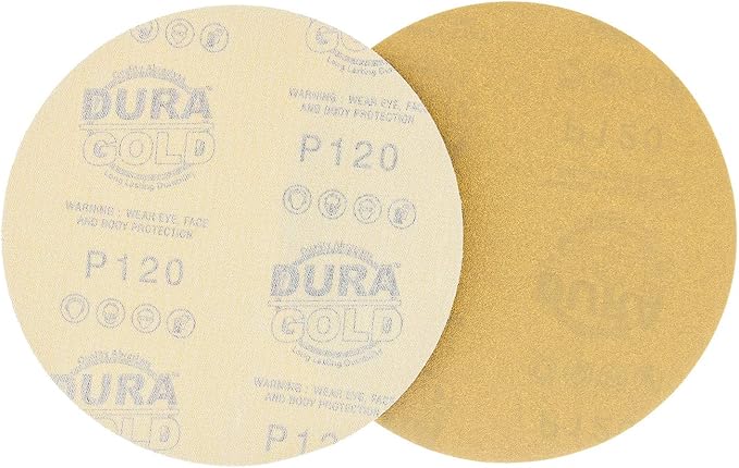 Dura-Gold Premium 120 Grit 6" Gold Sandpaper Discs, No Hole Pattern Dustless, Box of 50, Hook & Loop Backing for DA Sander, Finishing Coarse Sanding Abrasive Automotive Paint, Woodworking Wood, Metal