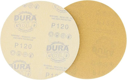 Dura-Gold Premium 120 Grit 6" Gold Sandpaper Discs, No Hole Pattern Dustless, Box of 50, Hook & Loop Backing for DA Sander, Finishing Coarse Sanding Abrasive Automotive Paint, Woodworking Wood, Metal