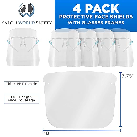 TCP Global Salon World Safety Face Shields with Glasses Frames (Pack of 4) - Ultra Clear Protective Full Face Shields to Protect Eyes, Nose, Mouth - Anti-Fog PET Plastic Sanitary Droplet Splash Guard