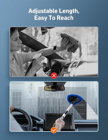 AstroAI Windshield Cleaner Tool, Car Interior Detailing Cleaning Kit with Extendable Handle and 4 Upgraded High-Density Reusable Microfiber Pads, Auto Glass Wiper Brush Kit for Cars, Blue, 15.9in-21in