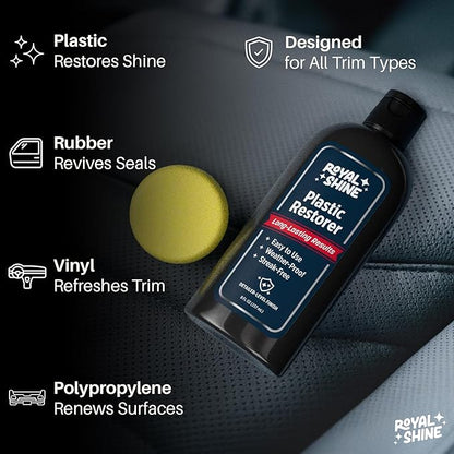ROYAL SHINE Plastic Restorer for Long-Lasting, Deep Black Results – Restores Faded Plastic, Rubber & Vinyl with UV Protection, Non-Greasy Formula + Foam Applicator, 8oz