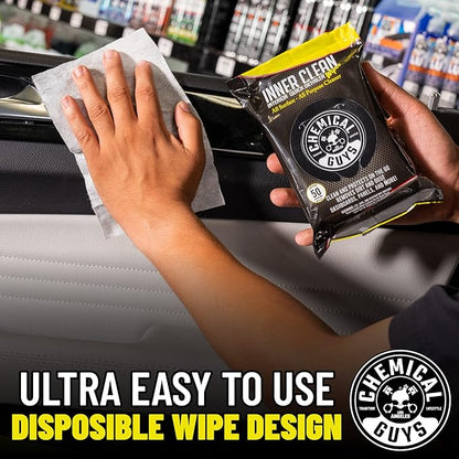 Chemical Guys InnerClean Interior Quick Detailer & Protectant Wipes – 50 Pack Multi Surface Interior Cleaner Wipes for Dashboards, Doors and Seats – Safe for Cars, Trucks, SUVs, RVs and Home Use
