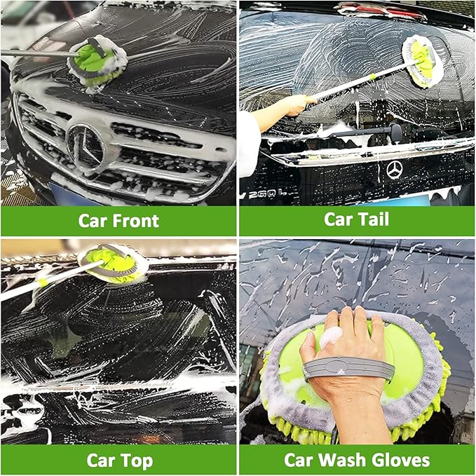 GIANT BEAR Car Wash Brush with Long Handle, 42.9" Microfiber Chenille Mitt Not Hurt Paint Scratch Free Aluminum Alloy Cleaning Tool -4 in 1,Glass Window Scrabber Detail Wheel Brush