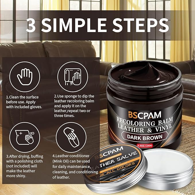 BSCPAM Dark Brown Leather Recoloring Balm with 100ml Mink Oil,Leather Couch Scratch Remover,Leather Repair kit for Vinyl Furniture and Car Interior,Leather Dye Paint,Mink Oil for Leather