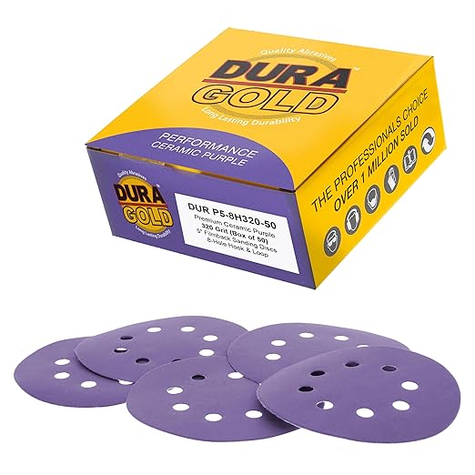 Dura-Gold Premium 320 Grit 5" Purple Film Ceramic Sanding Discs, 8-Hole Pattern, Box of 50 - Dustless Hook & Loop Backing Sandpaper for DA & Random Orbital Sanders - Sand Auto Paint, Wood, Woodworking
