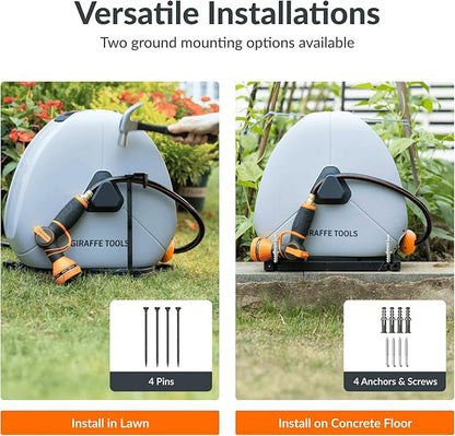 Giraffe Tools Heavy Duty Retractable Hose Reel, 5/8" x 92FT Automatic Rewind Garden Hose Reel with 360° Swivel Base, Ground Mounted for Lawn, Patio, Concrete Floor & Yard Watering