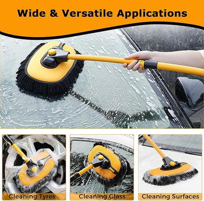 15°Curved Car Wash Brush with Long Handle 43" Extension Pole RV Truck Microfiber Cleaning Mop Auto SUV Wheel Boat Exterior Interior Detailing 2 in 1 Carwash Duster Not Hurt Paint Scratch Free