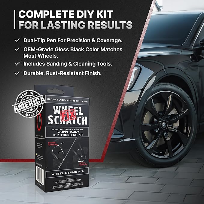 Wheel Scratch Fix® Gloss Black Touch Up Paint for Cars - DIY Alloy Wheel Repair Kit, Curb Rash Remover with Fast-Drying Pen - Long-Lasting OEM Finish Car Rim Paint for Scuffs and Chips at Home (Gloss Black)
