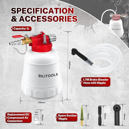 BILITOOLS 1L Brake Bleeder Vacuum Pump Kit, Universal One Person Pneumatic Brake System Clutch Fluid Bleeding Extractor Tool with Adapters