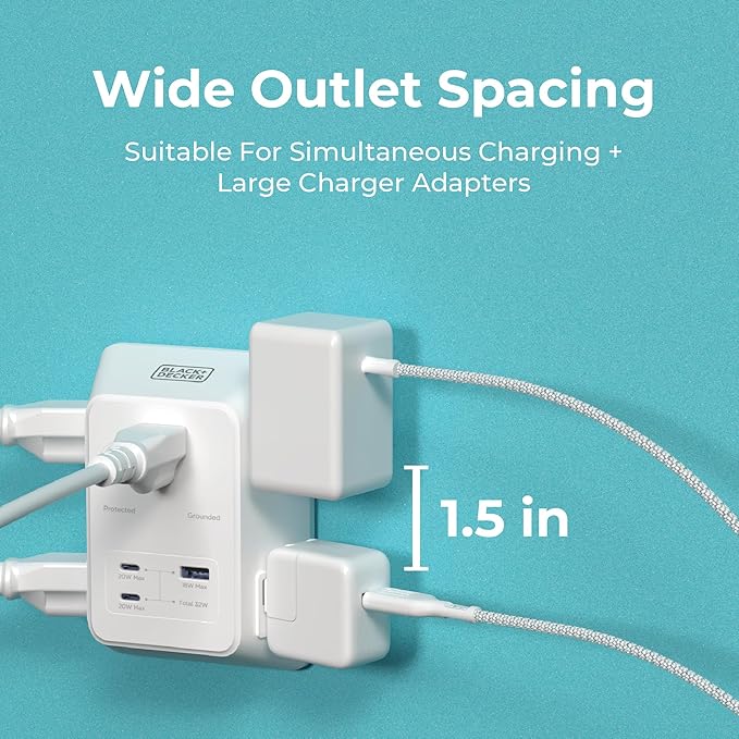 BLACK+DECKER PD USB Wall Charger Surge Protector, 5 Outlet Extender w/ 2 USB C PD & 1 USBA Charging Ports, Fast Charge 3 Sided Power Strip Multi Plug Outlets Wall Adapter for Home Office, ETL Listed