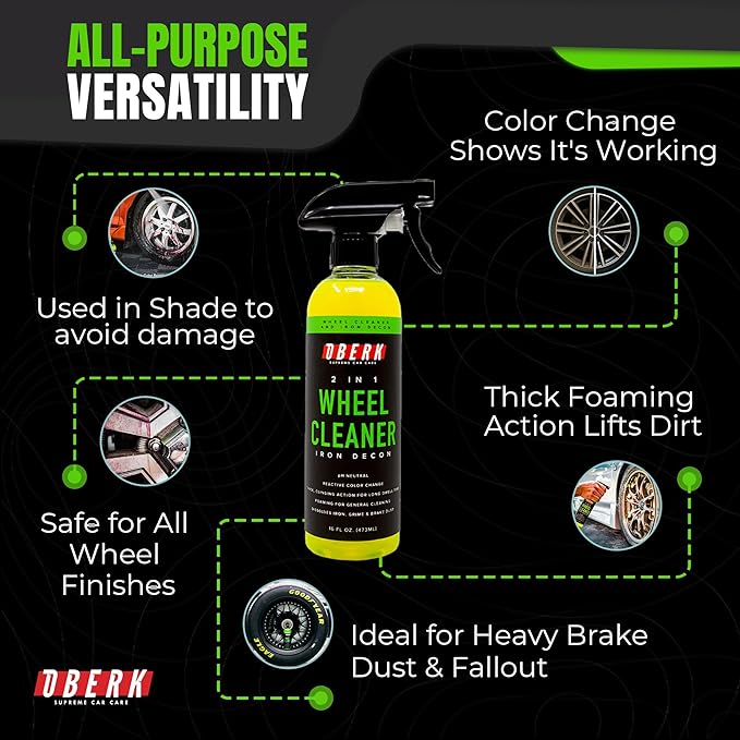 Oberk 2-in-1 Wheel Cleaner & Iron Remover – pH Neutral Iron Decon Spray for Car Detailing – Safe on Painted, Chrome, Aluminum, Powder-Coated Wheels (2 in1 Wheel Cleaner 16 oz)