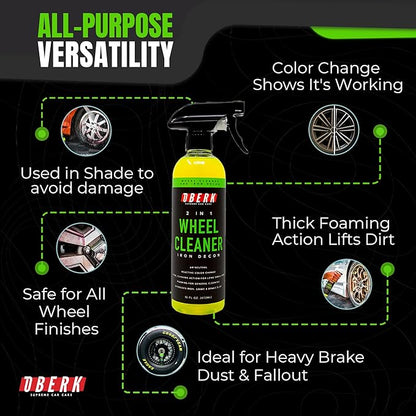 Oberk 2-in-1 Wheel Cleaner & Iron Remover – pH Neutral Iron Decon Spray for Car Detailing – Safe on Painted, Chrome, Aluminum, Powder-Coated Wheels (2 in1 Wheel Cleaner 16 oz)