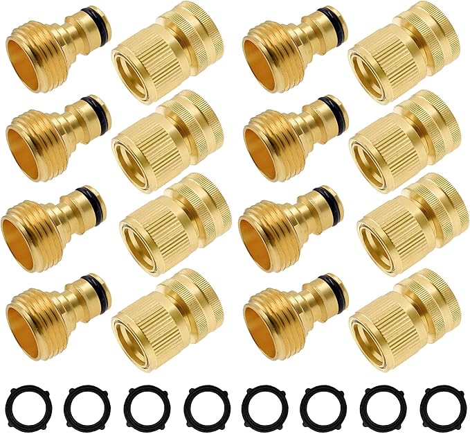 Hourleey Garden Hose Quick Connector, Solid Brass 3/4 Inch GHT Thread Garden Quick Connect Kit, Male and Female No-Leak Water Hose Fittings (8 Set)