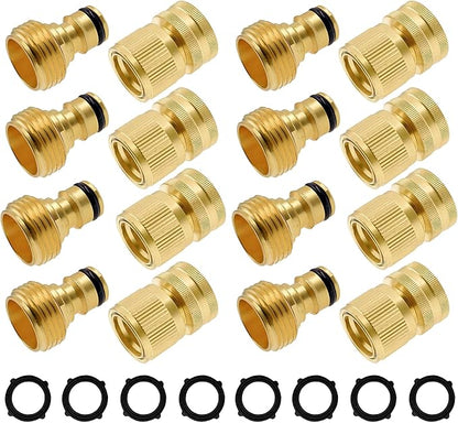 Hourleey Garden Hose Quick Connector, Solid Brass 3/4 Inch GHT Thread Garden Quick Connect Kit, Male and Female No-Leak Water Hose Fittings (8 Set)
