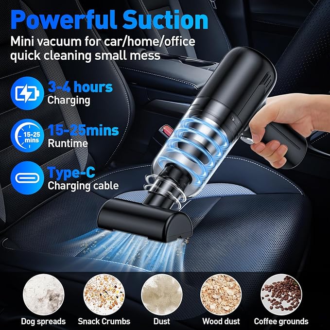 SHLNLI Handheld Car Vacuum Cleaner, 9000Pa Hand Held Vacuum Portable Cordless，2 in 1 Air Duster and Mini Vacuum Cleaner with LED Light, 120W High Power Small Vacuum for Car, Home, Office, Pet（Black）