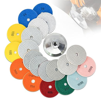 Diamond Polishing Pads 4 Inch Set Tile Wet Dry Polishing Pads Kit Including 50-3000 Grit with 5/8-11 Aluminum Backing Padfor Drill Grinder Polisher,Granite Stone Concrete Marble Polishing（11 PCS）