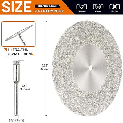 SI FANG 5Pcs 60mm Diamond Cutting Disc Cut Off Wheels with 5Pcs Mandrel 1/8'' Shank Stone Blade for Rotary Tool Drill Attachment Cutting Discs Polishing Glass Tiles Marble Plastic Jade (2.4in)