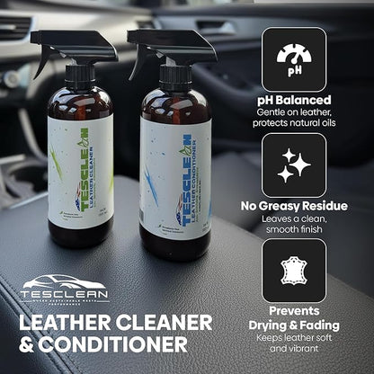 Tesclean Car Leather Cleaner & Conditioner, Made in the USA, Dash & Vinyl,Vegan Conditioner Electric Vehicle Interiors, With Microfiber Towel & Sponge, Interior Cleaner For Tesla