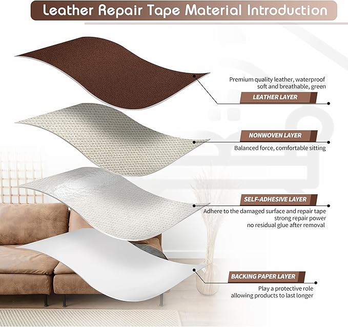 KING MOUNTAIN Leather Repair Patch, 12 x 60 Inches Self-Adhesive Repair Tape for Damaged Furniture, Seating, Car Seats, Goods (New Brown)