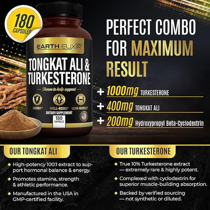 Turkesterone & Tongkat Ali for Men – Natural Testosterone Support, 2-in-1 High Potency Turkesterone Supplement for Men & Women - Made in USA & 3rd Party Tested