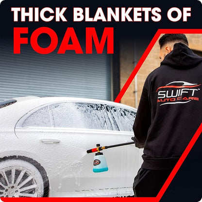 Swift Premium Foam Cannon for Pressure Washer – Heavy Duty Foam Sprayer for Car Wash | ¼ Inch Quick Connector | Adjustable Wide Mouth for Extra Thick Snow Foam | Holds 1 Liter of Soap!
