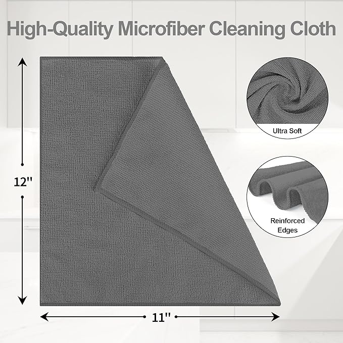 HOMERHYME Microfiber Cleaning Cloth, 12 Pack Grey Cleaning Rags,12" X 11" Lint Free Dish Towels Wash Cloths, Reusable Microfiber Towels for Home and Kitchen Bathroom Apartment Cleaning Supplies