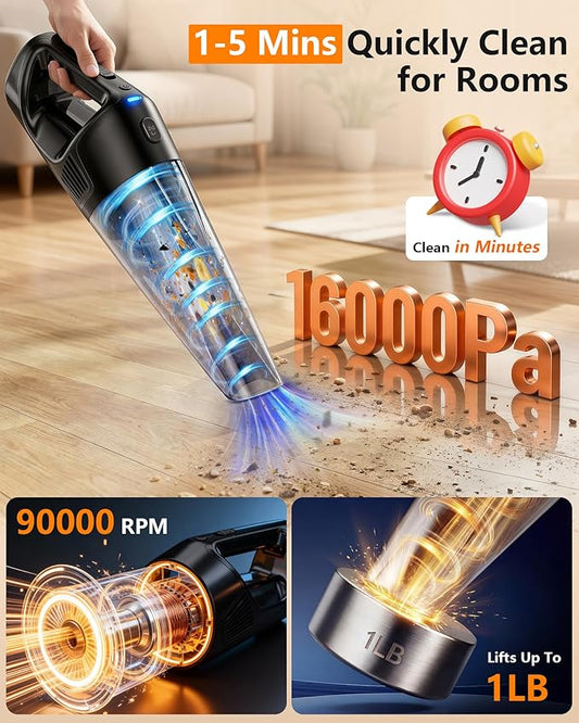 PowerSpeed CleanView Portable Handheld Vacuum - 16000Pa Strong Suction Powerful with 800mL Dust Cup and LED Light - Cordless Vacuum Cleaner for Home Daily Quick Clean - for Dust/Pet Hair/Floor Debris
