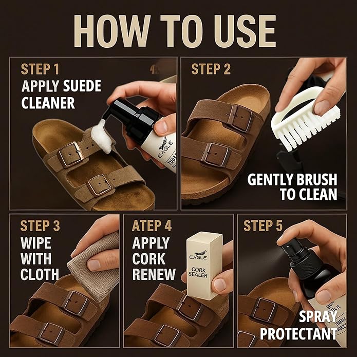 Eagle Sandal & Clog Care Kit – Compatible with Birkenstock – Suede Cleaner & Conditioner, Protector, Cork Renew, Brush, Eraser & Microfiber Cloth – 6-Piece Complete Shoe Cleaning Set
