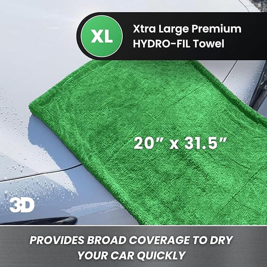 3D Hydro-FIL XL | Professional Grade Microfiber Towel | Extra Large 20” x 31.5” | Highly Absorbent | Premium Drying Cloth for Car Detailing | Green