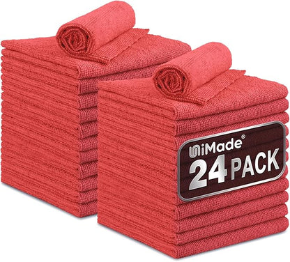 Microfiber Cleaning Cloth, 24 Pack Reusable Microfiber Towels for Cars Lint Free Cleaning Shop Towel Rags for Home Kitchen Automotive Bar Mechanic Restaurant Garage, 11.5"x 11.5", Red