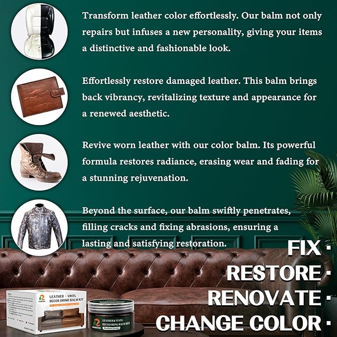 RABEKIM Medium Brown Leather Repair Kit, Leather Recoloring Balm – Restore & Repair Faded Leather on Couches, Car Seats, Shoes & Furniture | Leather Color Restorer & Conditioner | Easy DIY Application