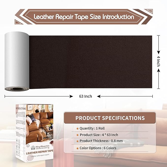 KING MOUNTAIN Leather Repair Patch,4 x 63 Inches self Adhesive Leather Repair Tape for Damaged Leather Furniture, Sofa Seating,Car Seats, Leather Goods（Fine Grained Dark Brown）