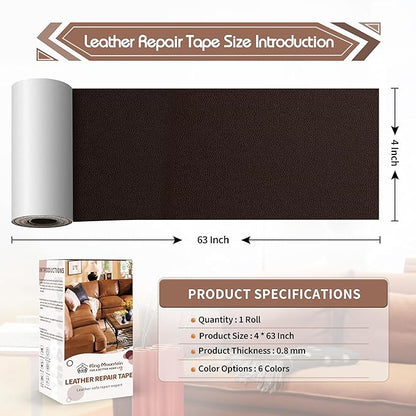 KING MOUNTAIN Leather Repair Patch,4 x 63 Inches self Adhesive Leather Repair Tape for Damaged Leather Furniture, Sofa Seating,Car Seats, Leather Goods（Fine Grained Dark Brown）