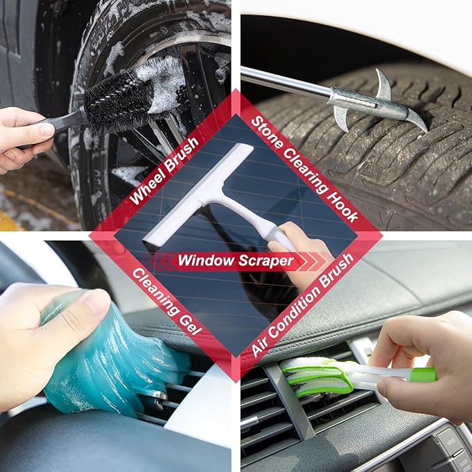 GPUSFAK 44Pcs Car Wash Cleaning Kit with Detailing Brushes Car Vacuum Drill Brush Set Collapsible Bucket Windshield Cleaning Tool Tire Brush Towels Complete Interior Exterior Detailing Set for Car