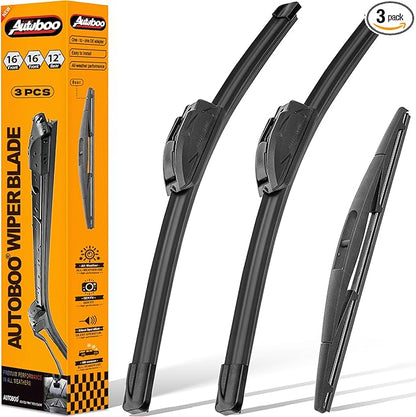 AUTOBOO 16"+16" Windshield Wipers with 12 Inch Rear Wiper Blade Replacement for Jeep wrangler JL 2018 2019 2020 2021 2022 2023-Original Factory Quality (Pack of 3)