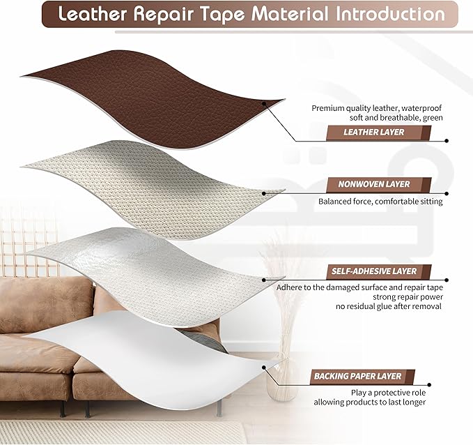 KING MOUNTAIN Leather Repair Patch,4 x 63 Inches self Adhesive Leather Repair Tape for Damaged Leather Furniture, Sofa Seating,Car Seats, Leather Goods (Medium Brown)