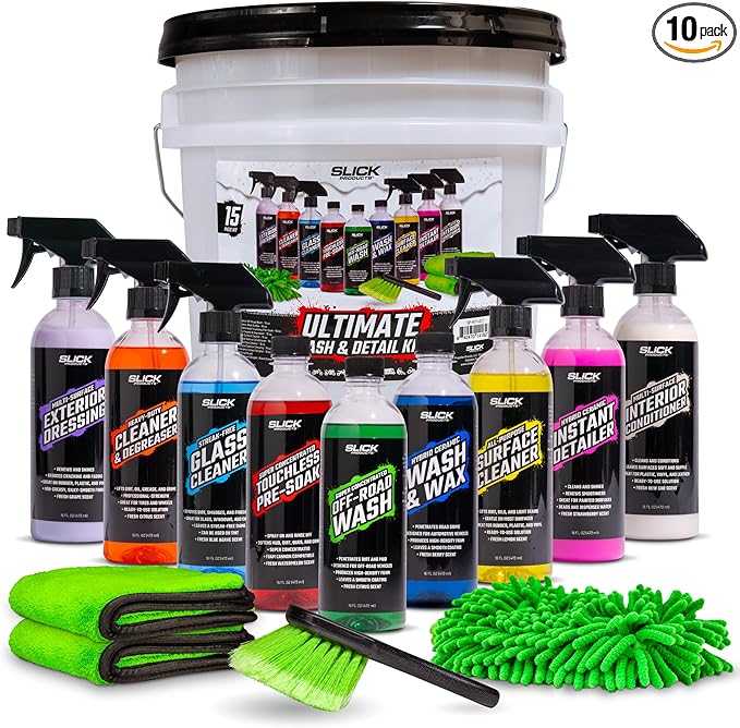 Slick Products Ultimate Wash & Detail Kit (15 Piece) for Car, Truck, Motorcycle, UTV, Dirt Bike, Side by Side, ATV, Off-Road Truck, Jeep, Boat, Jet Ski, Watercraft, Mountain Bike and More